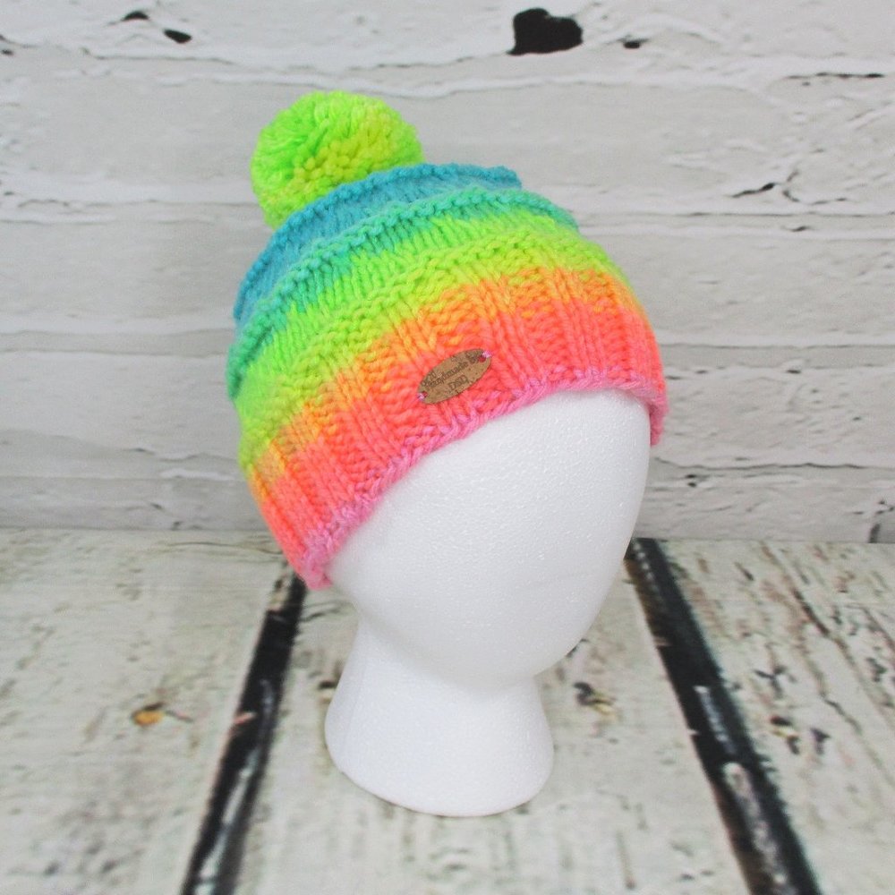 Duncan Street Designs Rainbow Sherbet Hand Knitted Hat with Pom Pom
